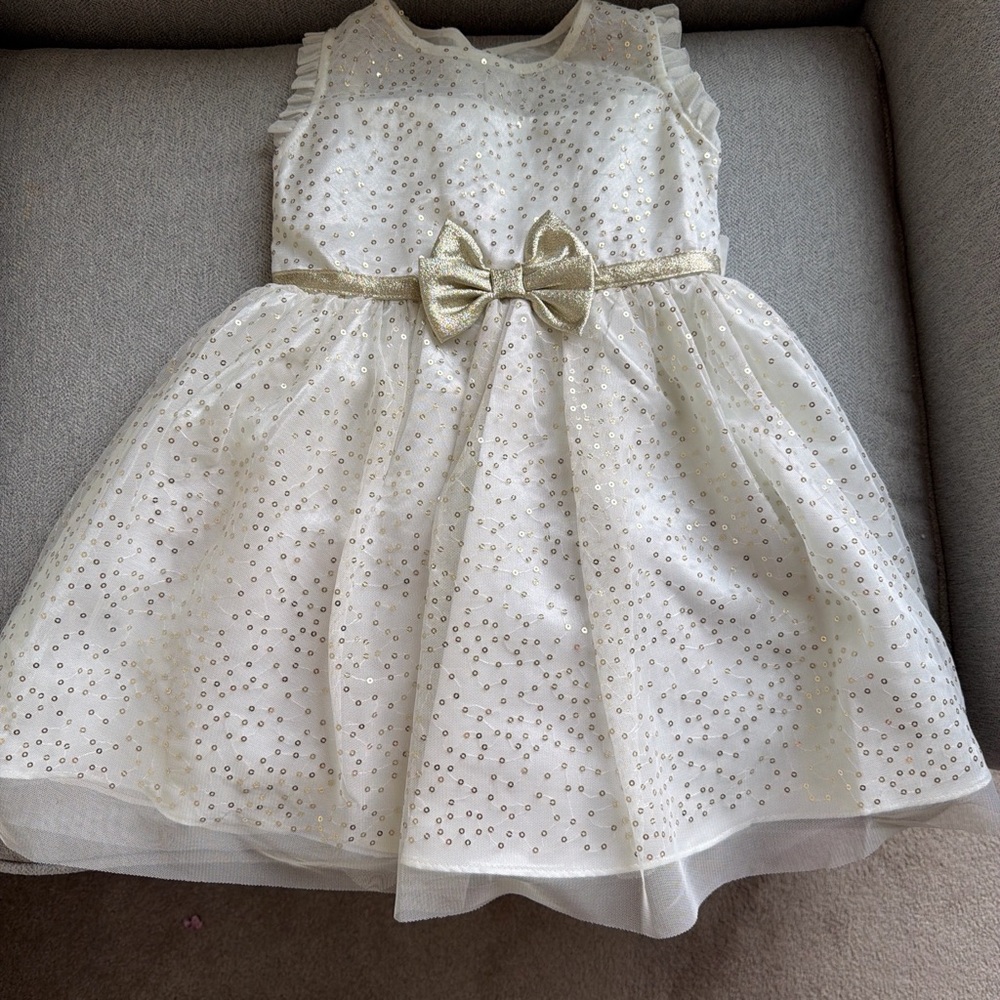Jona Michelle 3t EUC Ivory Dress with Gold Sequins + Bow Accents